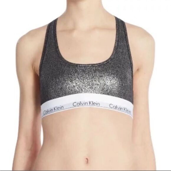 🖤✨ Calvin Klein Black and Silver Metallic Modern Racerback Sports Bra Sz Sm - Picture 1 of 5